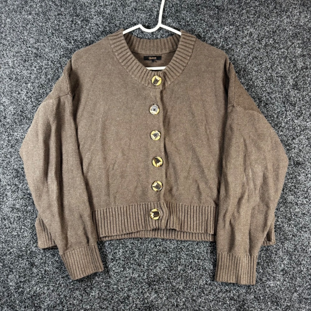 Quince Organic Cotton Cropped Cardigan Sweater Brown Womens Large Button Front